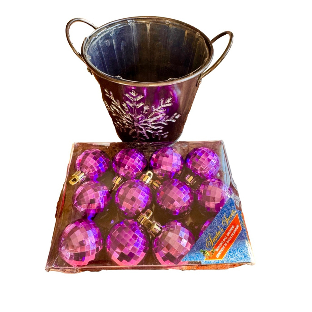 NIB DIAMOND BALL ORNAMENTS IN PURPLE & SNOWFLAKE PLANTER